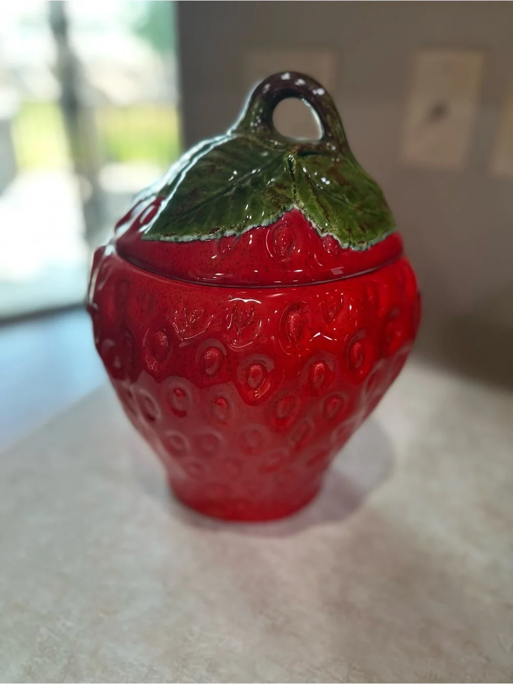 Vintage Ceramic Strawberry Cookie Jar - Red with Green Leaf Lid